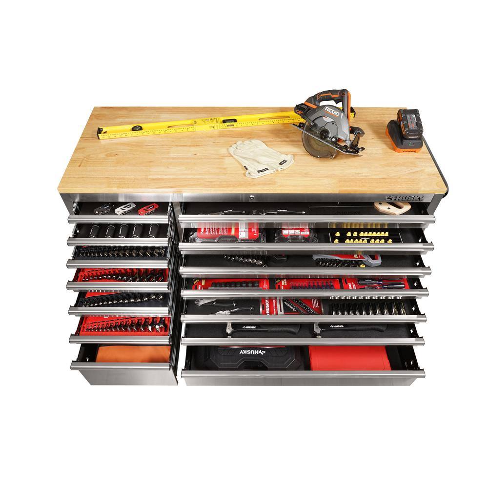 62 in. W x 24 in. D Standard Duty 14 Drawer Mobile Workbench Tool Chest with Solid Top and Pegboard in. Stainless Steel