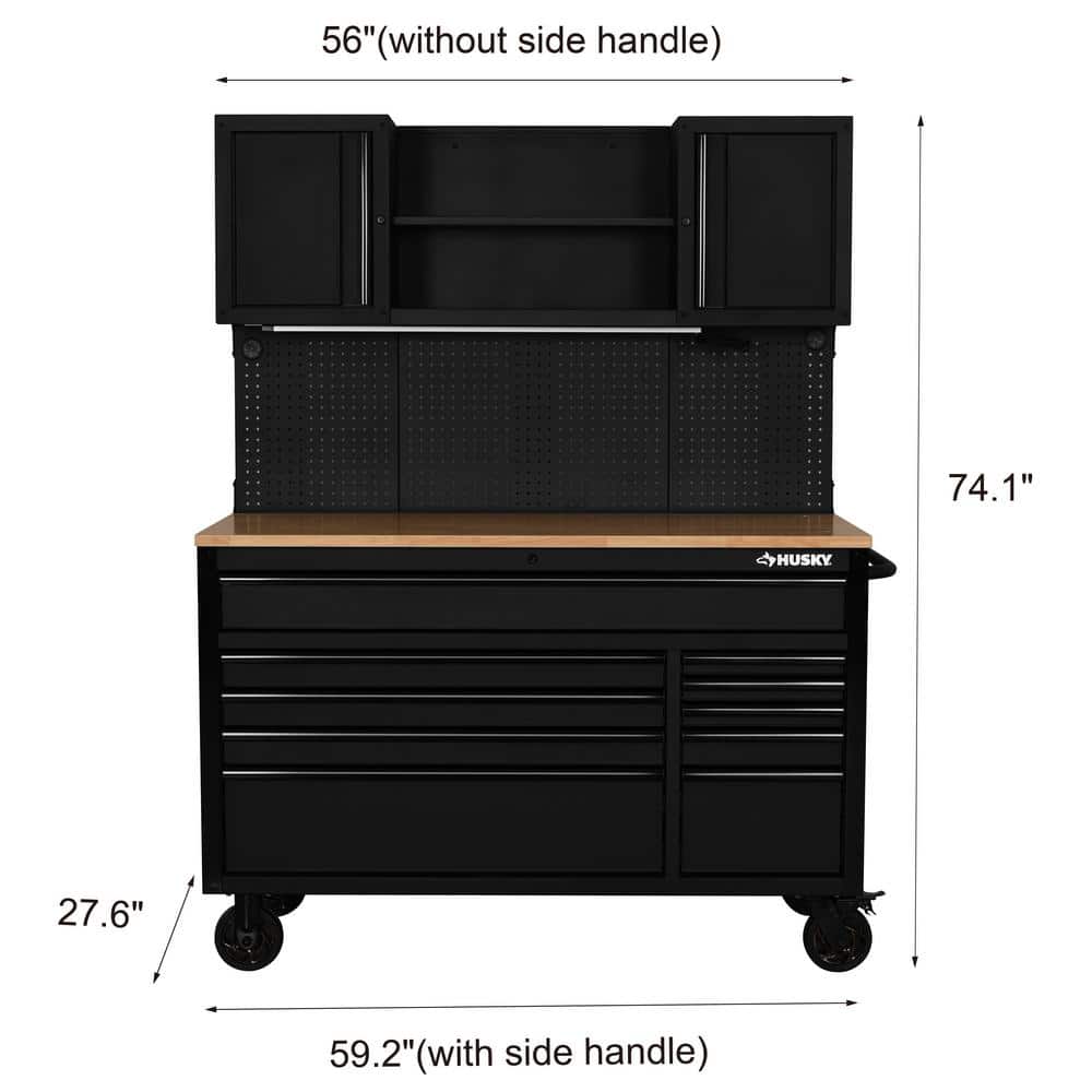56 in. W x 27 6 in. D 10 Drawer Matte Black Heavy Duty Mobile Workbench with Pegboard and Top Cabinets