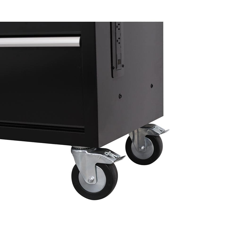 Modular 52 in. W 10 Drawer Black Mobile Workbench Cabinet with Solid Wood Top