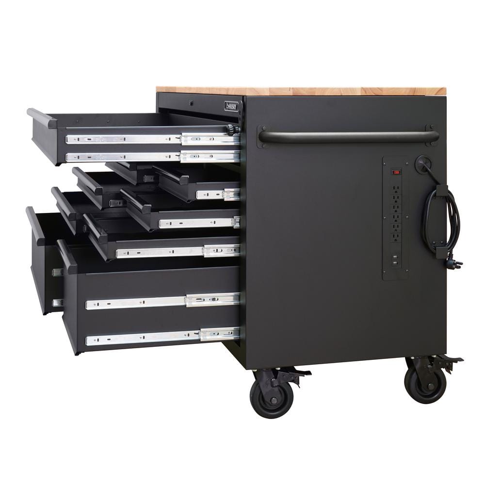 52 in. W x 25 in. D Heavy Duty 9 Drawer Mobile Workbench Cabinet with Adjustable Height Hardwood Top in. Matte Black