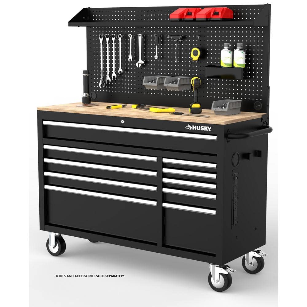 Modular 52 in. W 10 Drawer Black Mobile Workbench Cabinet with Pegboard