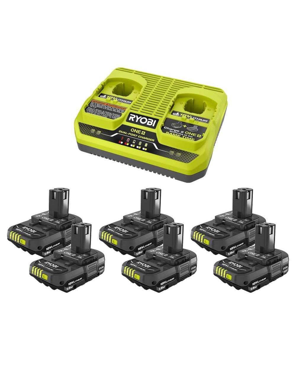 ONE+ 18V (6) 1.5 Ah Batteries with Dual-Port Charger Starter Kit