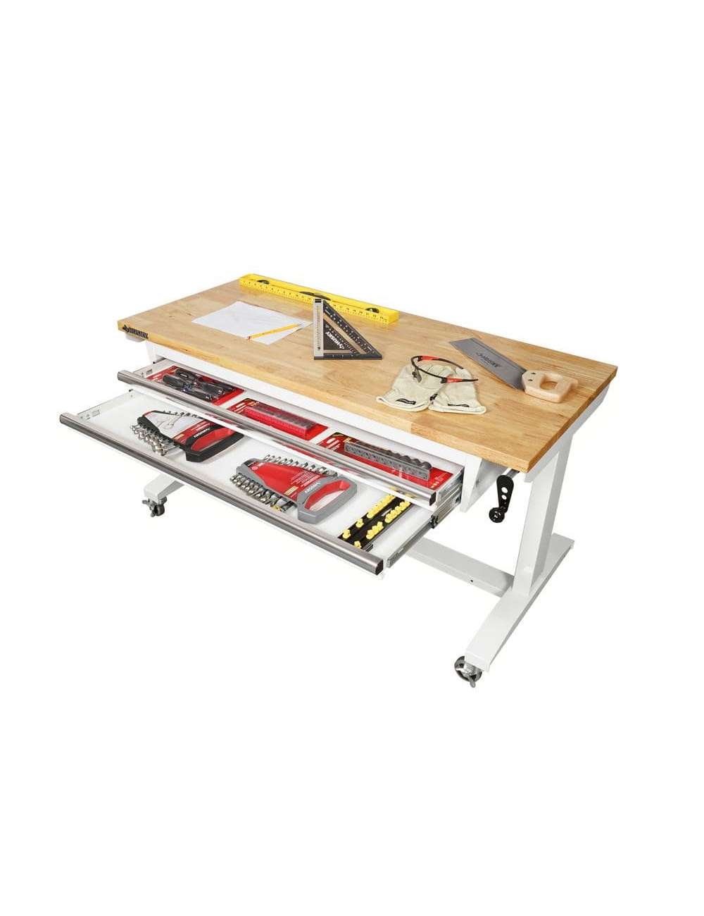 52 in. W x 24 in. D Steel 2-Drawer Adjustable Height Solid Wood Top Workbench Table in White