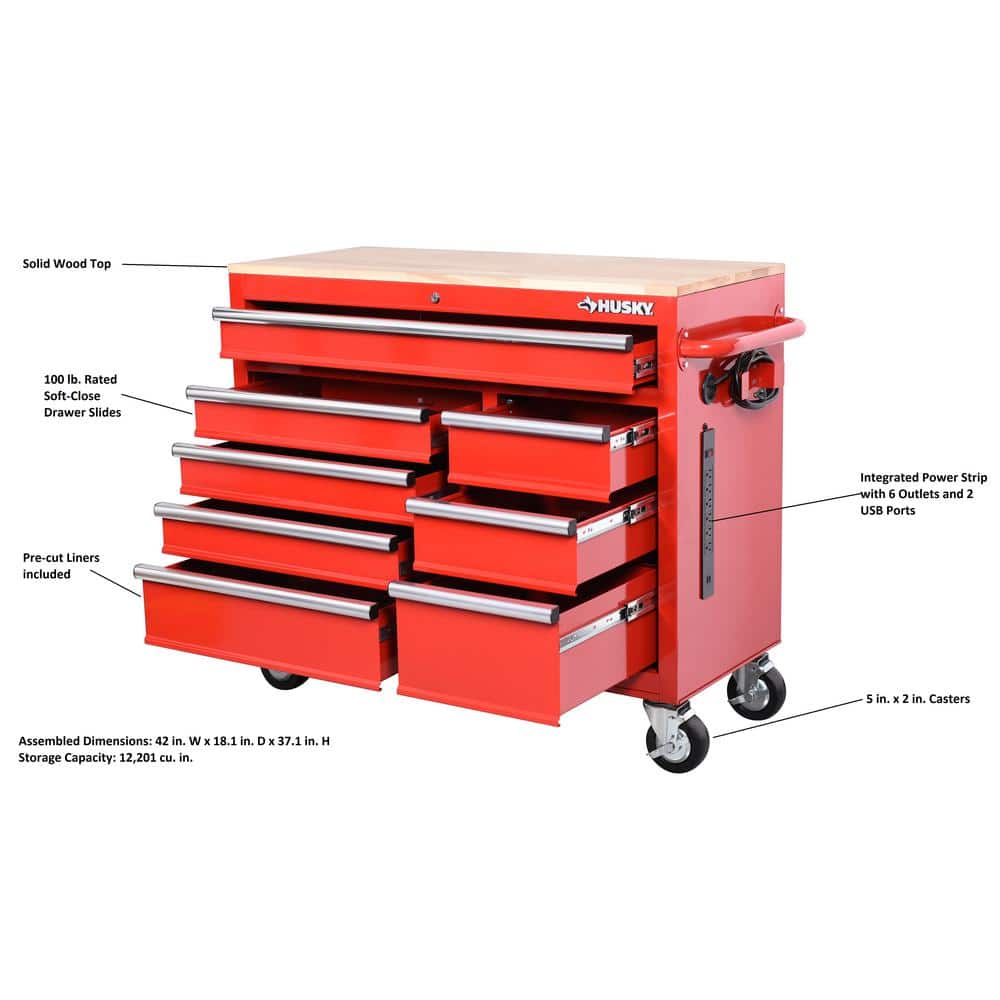 42 in. W x 18 1 in. D 8 Drawer Red Mobile Workbench Cabinet with Solid Wood Top