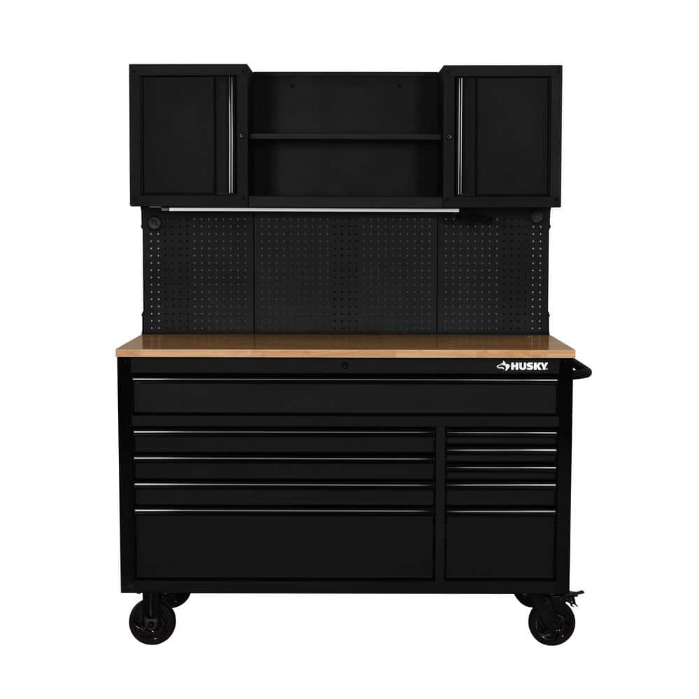 56 in. W x 27 6 in. D 10 Drawer Matte Black Heavy Duty Mobile Workbench with Pegboard and Top Cabinets
