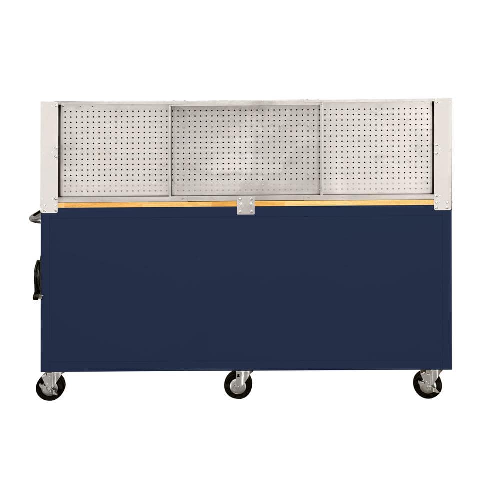 72 in. W x 24 in. D 18 Drawer Standard Duty Mobile Workbench Tool Chest with Solid Wood Top and Pegboard in. Gloss Blue