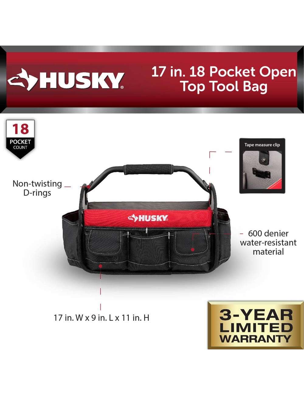 17 in. 18 Pocket Open Top Tool Bag