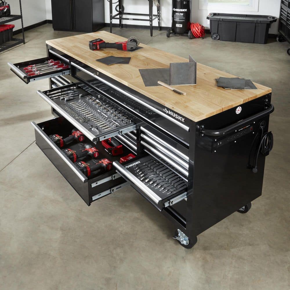 72 in. W x 24 in. D Standard Duty 18 Drawer Mobile Workbench Tool Chest with Solid Wood Top in. Gloss Black