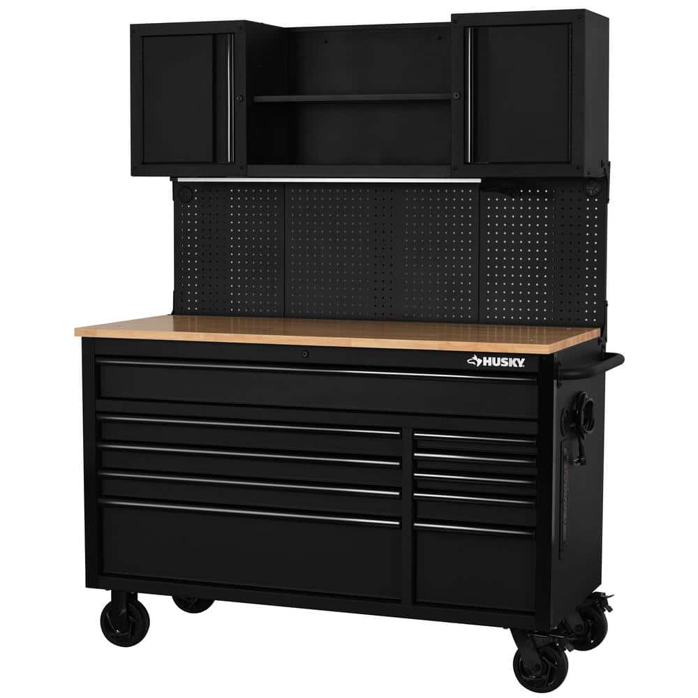 56 in. W x 27 6 in. D 10 Drawer Matte Black Heavy Duty Mobile Workbench with Pegboard and Top Cabinets