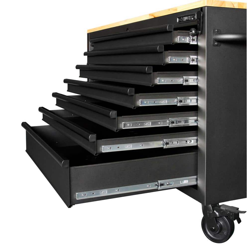 62 in. W x 24 in. D Heavy Duty 14 Drawer Mobile Workbench Cabinet with Adjustable Height Wood Top in. Matte Black