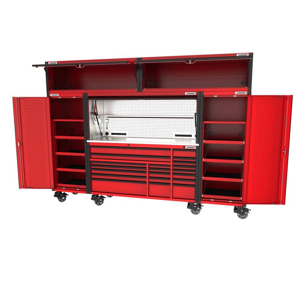 72 in. W x 24 5 in. D Professional Duty 20 Drawer Mobile Workbench Combo w 2 Side Lockers 2 Top Lockers and Top Hutch