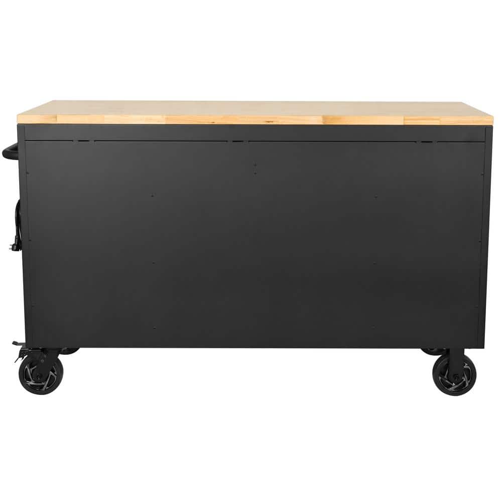 61 in. W x 23 in. D Heavy Duty 15 Drawer Mobile Workbench Tool Chest with Solid Wood Top in. Matte Black