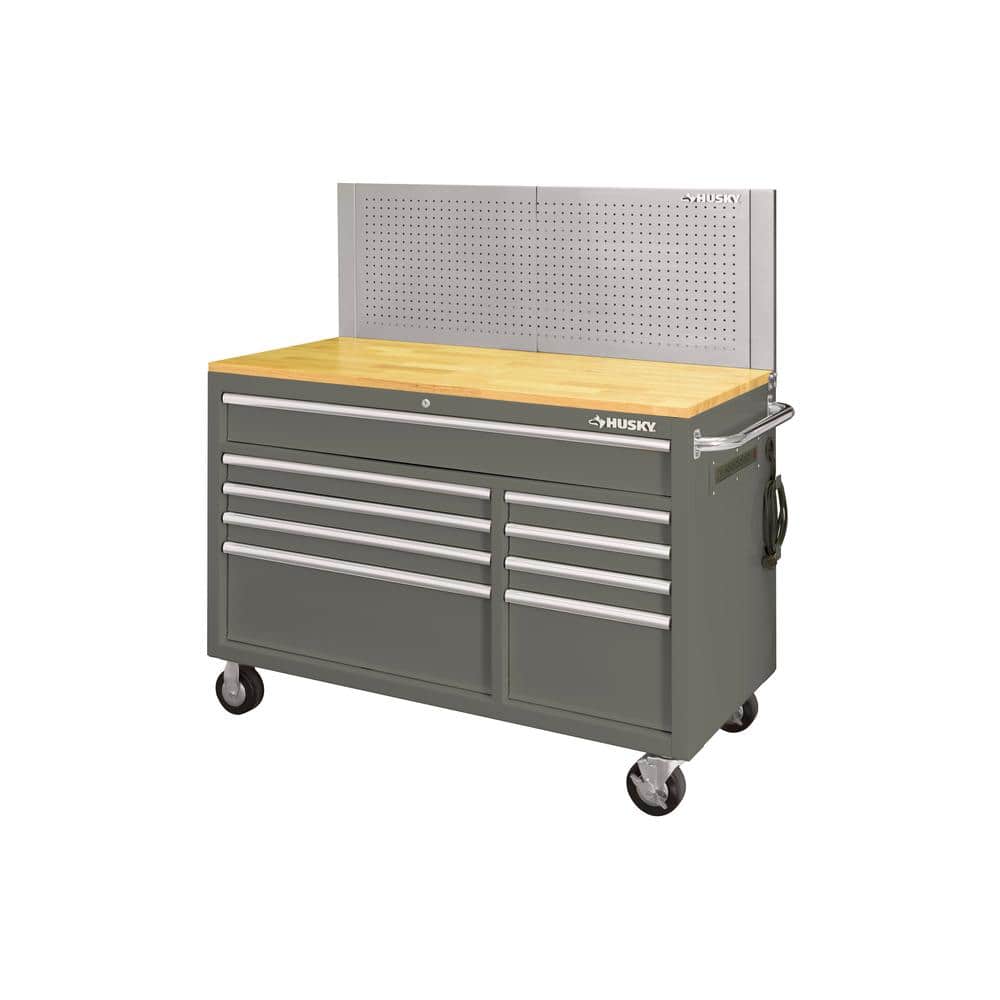 52 in. W x 24 5 in. D 9 Drawer Standard Duty Mobile Workbench Tool Chest with Solid Wood Top and Pegboard in. Gloss Gray