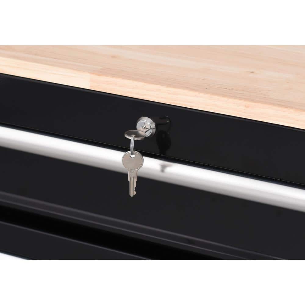 42 in. W x 18 1 in. D 8 Drawer Black Mobile Workbench Cabinet with Solid Wood Top