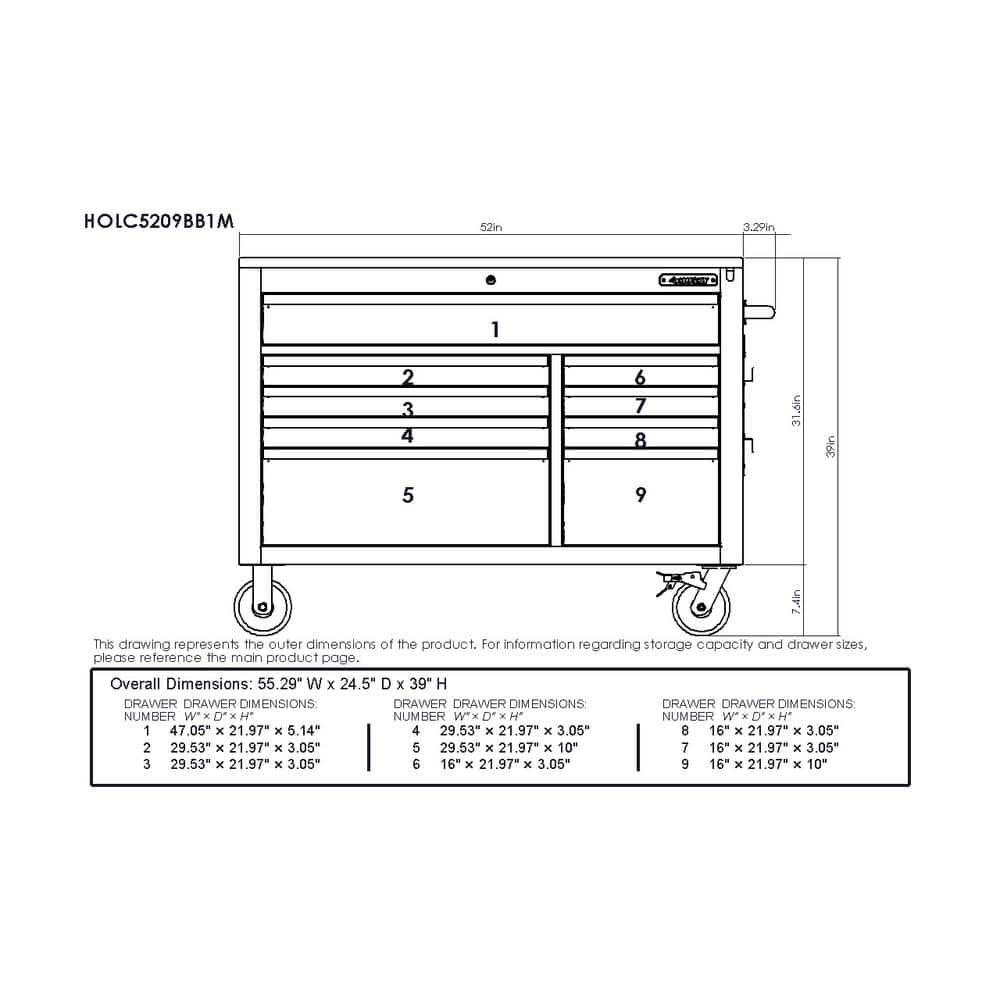 52 in. W x 25 in. D Heavy Duty 9 Drawer Mobile Workbench Cabinet with Adjustable Height Hardwood Top in. Matte Black