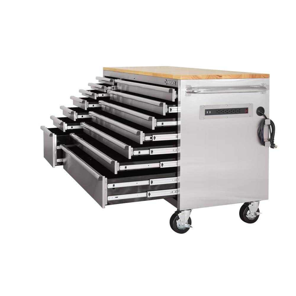 62 in. W x 24 in. D Standard Duty 14 Drawer Mobile Workbench Tool Chest with Solid Top and Pegboard in. Stainless Steel