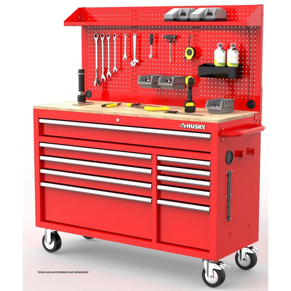 Modular 52 in. W 10 Drawer Red Mobile Workbench Cabinet with Pegboard