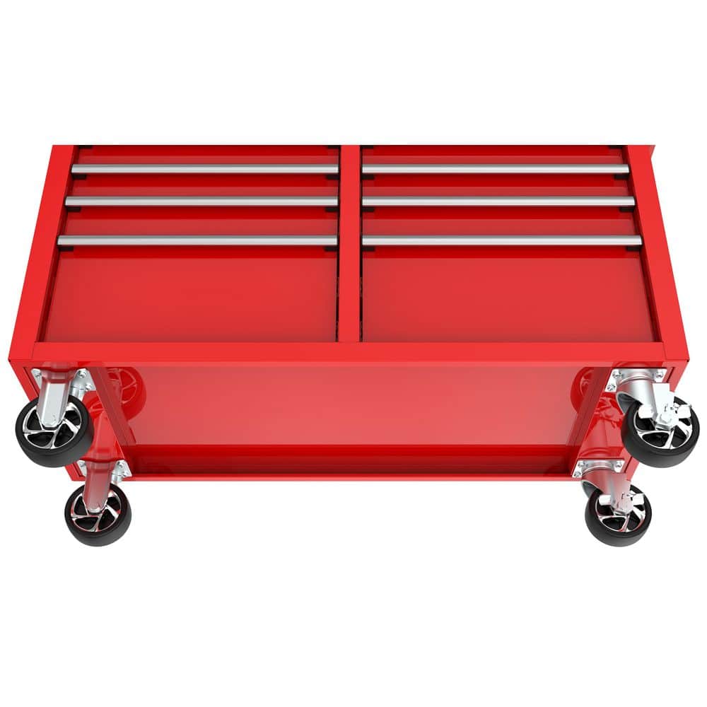 46 in. W x 18 in. D 9 Drawer Gloss Red Mobile Workbench Cabinet with Solid Wood Top