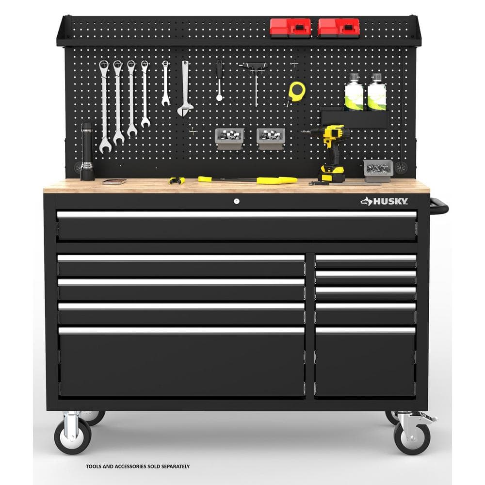 Modular 52 in. W 10 Drawer Black Mobile Workbench Cabinet with Pegboard