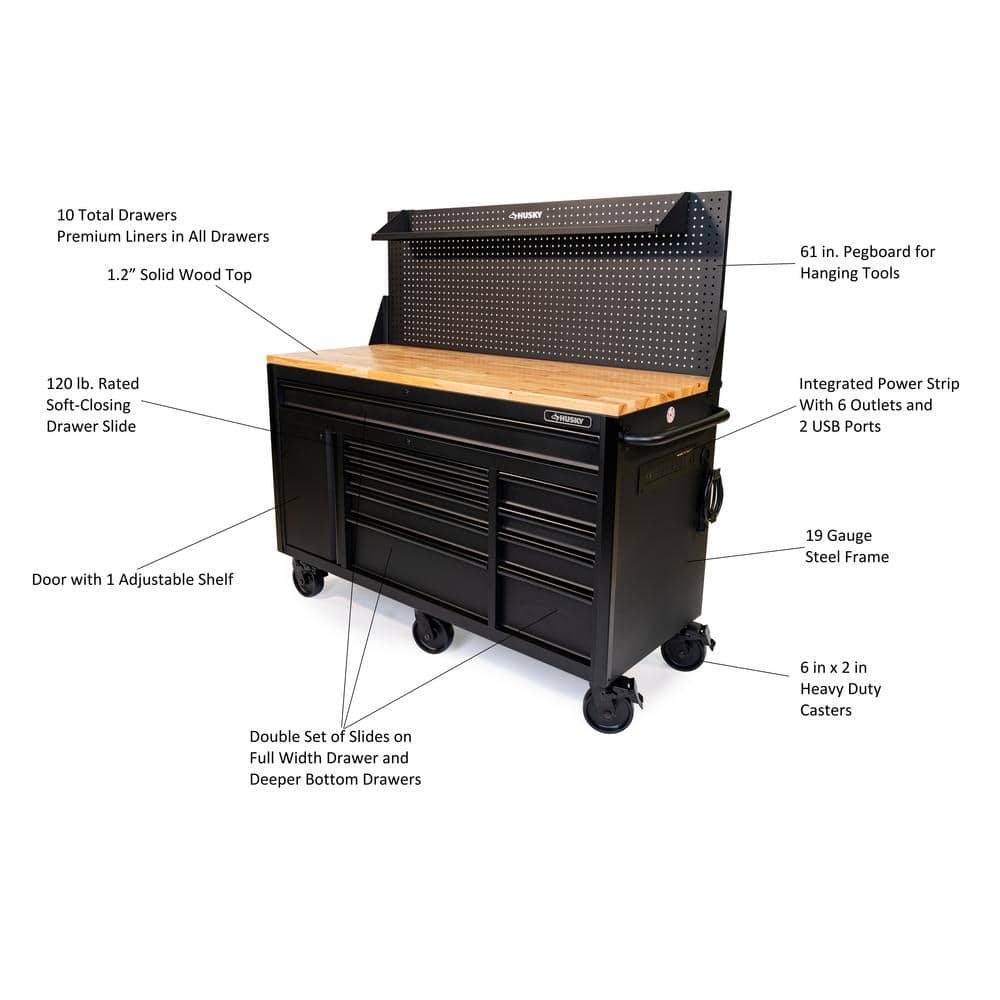 61 in. W x 26 in. D Heavy Duty 10 Drawer 1 Door Mobile Workbench with Hardwood Top Pegboard and Shelf in. Matte Black
