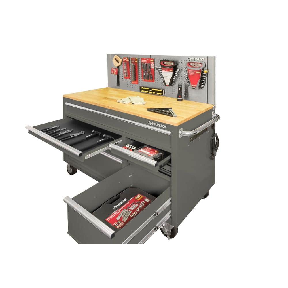 52 in. W x 24 5 in. D 9 Drawer Standard Duty Mobile Workbench Tool Chest with Solid Wood Top and Pegboard in. Gloss Gray