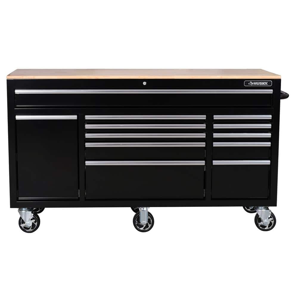 62 in. W x 20 in. D 12 Drawer Gloss Black Mobile Workbench Cabinet with Solid Wood Top and Power Drawer
