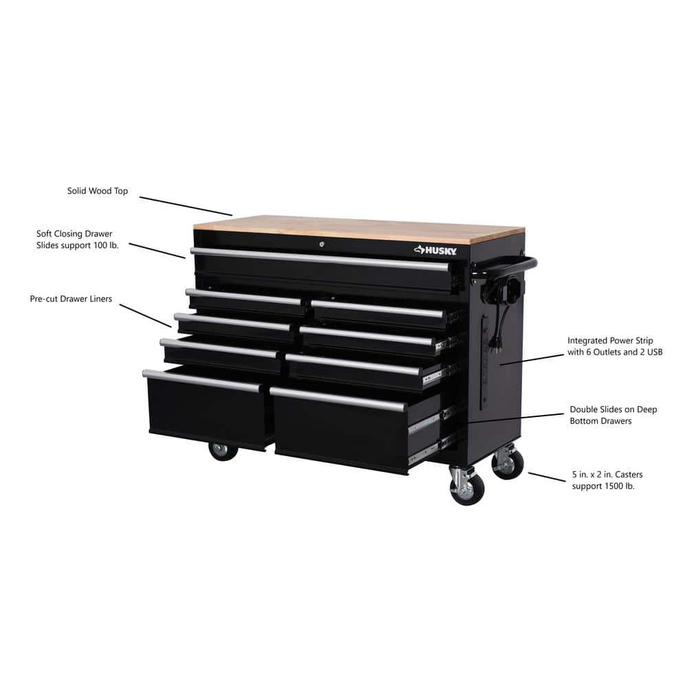 46 in. W x 18 in. D 9 Drawer Black Mobile Workbench Cabinet