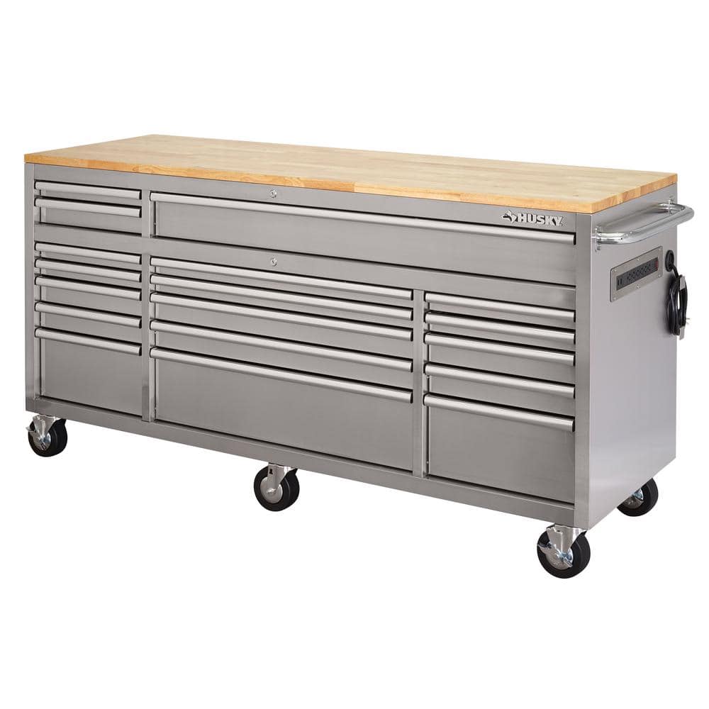72 in. x 24 in. D Standard Duty 18 Drawer Mobile Workbench Tool Chest with Solid Wood Top in. Stainless Steel