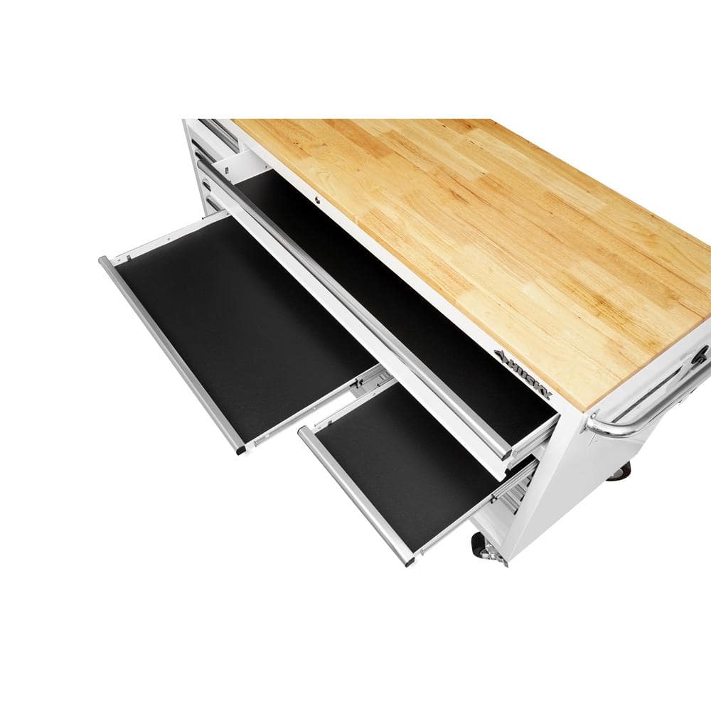 72 in. W x 24 in. D 18 Drawer Standard Duty Mobile Workbench Tool Chest with Solid Wood Top and Pegboard in. Gloss White