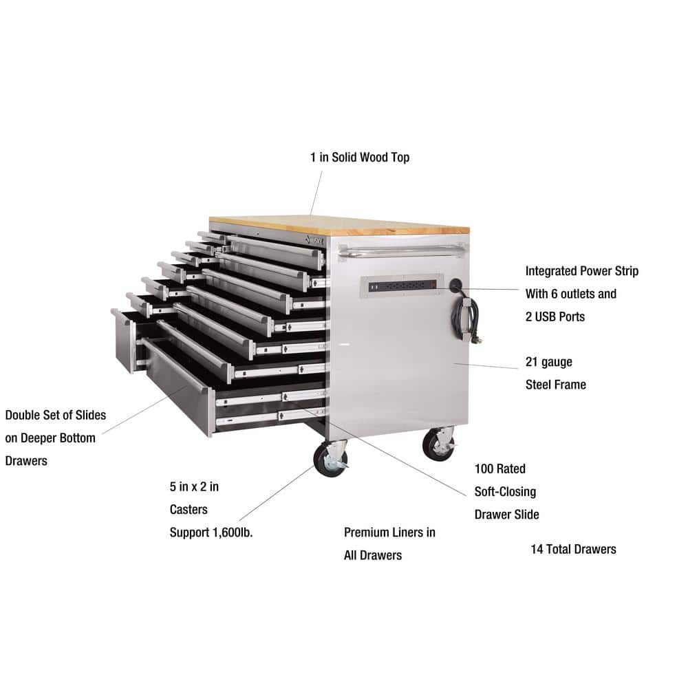 62 in. W x 24 in. D Standard Duty 14 Drawer Mobile Workbench Tool Chest with Solid Top and Pegboard in. Stainless Steel