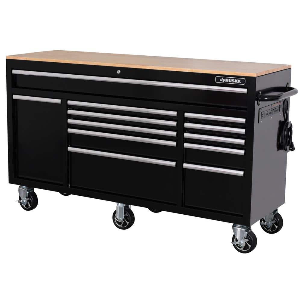 62 in. W x 20 in. D 12 Drawer Gloss Black Mobile Workbench Cabinet with Solid Wood Top and Power Drawer