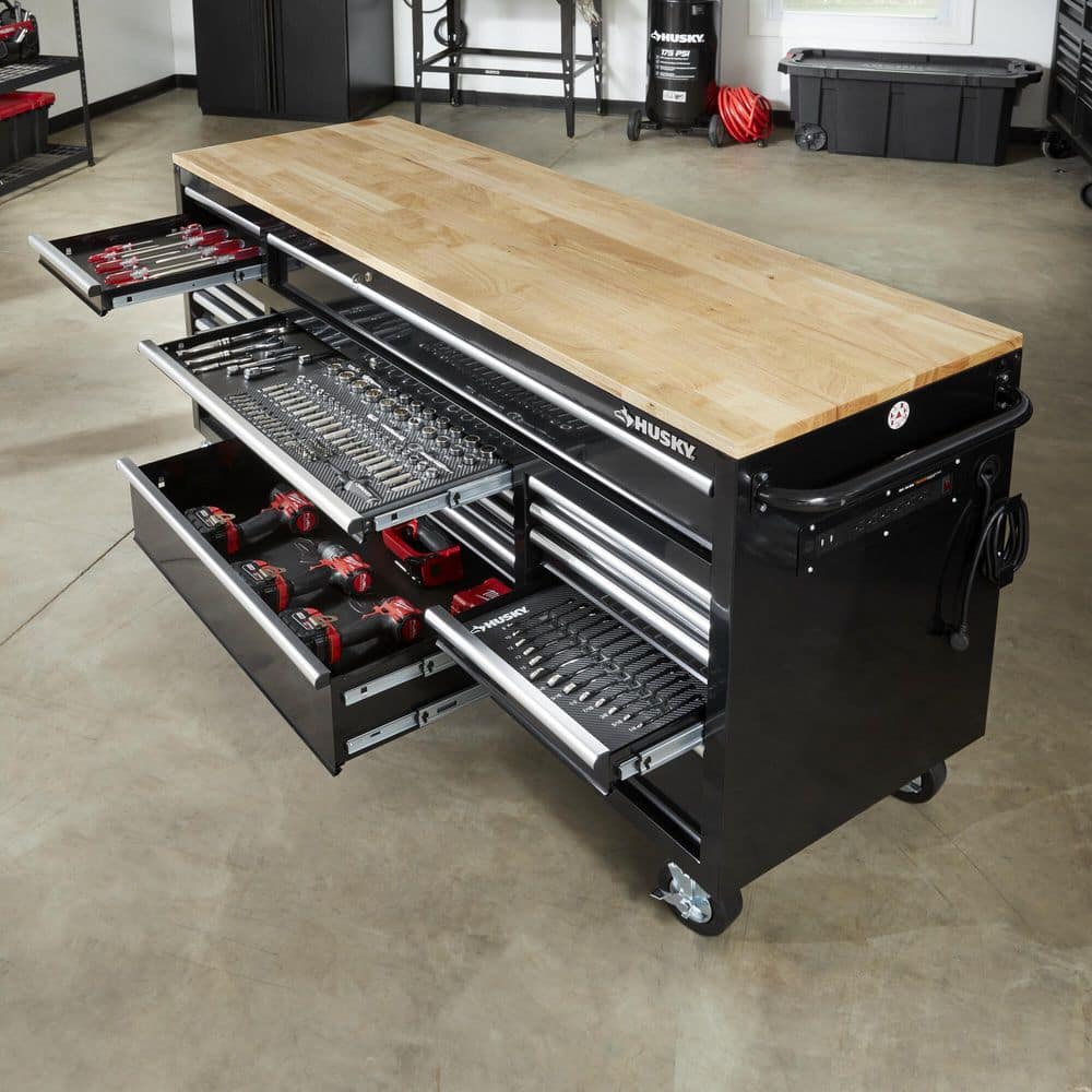 72 in. W x 24 in. D Standard Duty 18 Drawer Mobile Workbench Tool Chest with Solid Wood Top in. Gloss Black