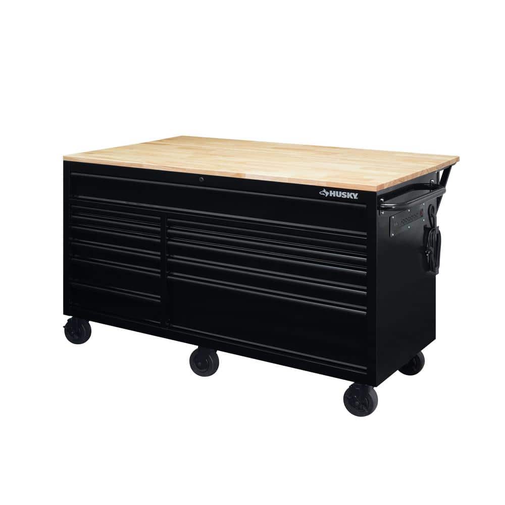 62 in. W x 24 in. D Heavy Duty 14 Drawer Mobile Workbench Cabinet with Adjustable Height Wood Top in. Matte Black