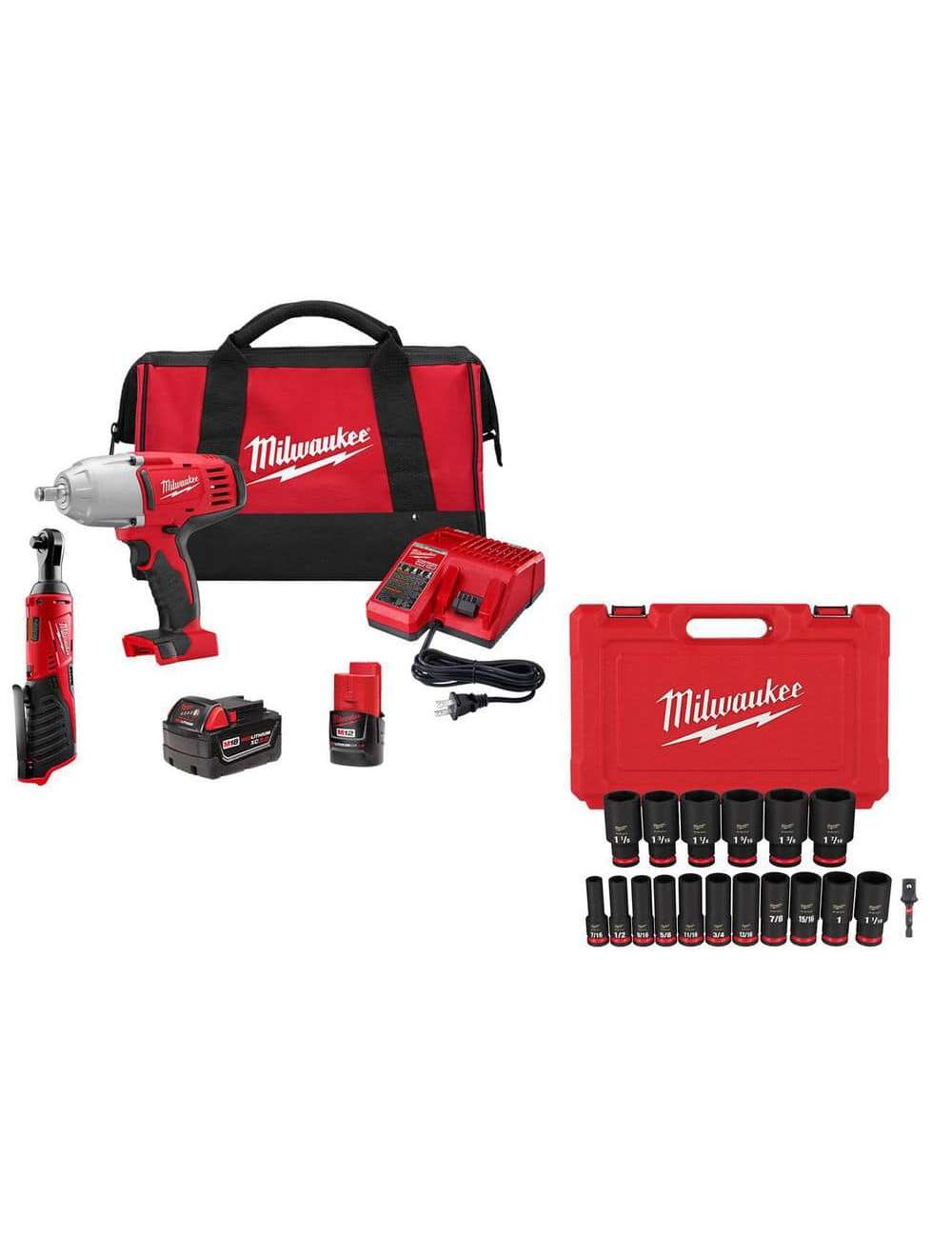 M18/M12 12V/18V 3/8 in. Ratchet and 1/2 in. Impact Wrench Cordless w/1/2 in. SAE Impact Sockets Combo Kit