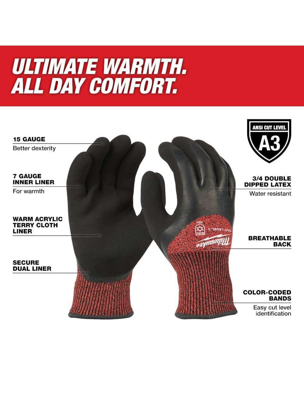 X-Large Red Latex Level 3 Cut Resistant Insulated Winter Dipped Work Gloves