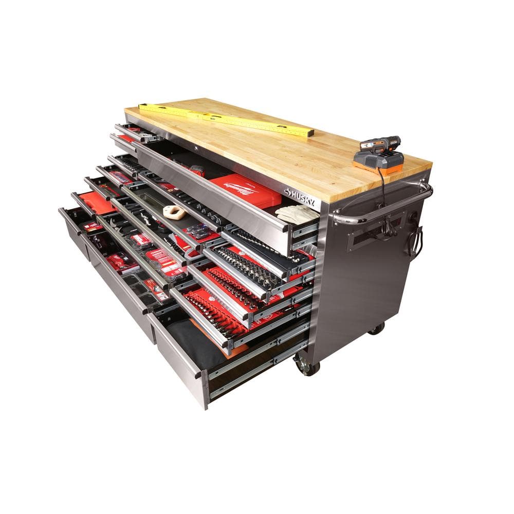 72 in. x 24 in. D Standard Duty 18 Drawer Mobile Workbench Tool Chest with Solid Wood Top in. Stainless Steel