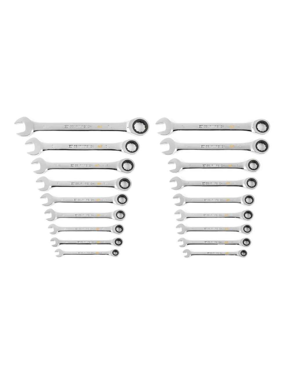 SAE/MM 90-Tooth Pro Combination Ratcheting Wrench Tool Set with Tray (18-Piece)