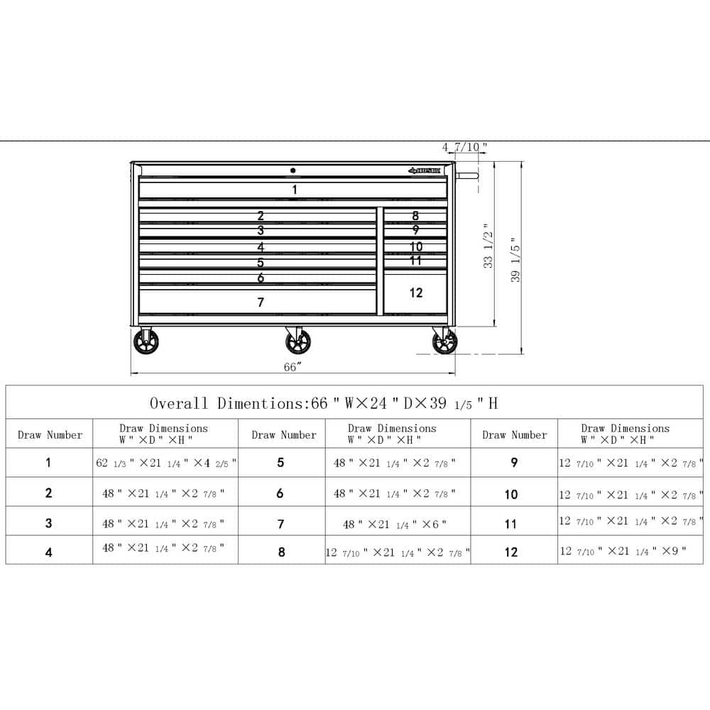 66 in. W x 24 in. D Standard Duty 12 Drawer Mobile Workbench Tool Chest with Solid Wood Top in. Gloss Black