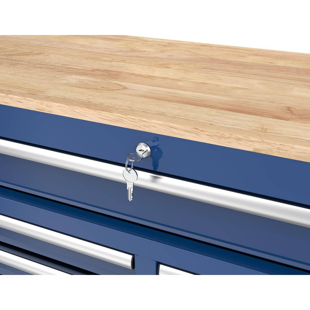 46 in. W x 18 in. D 9 Drawer Gloss Blue Mobile Workbench Cabinet with Solid Wood Top