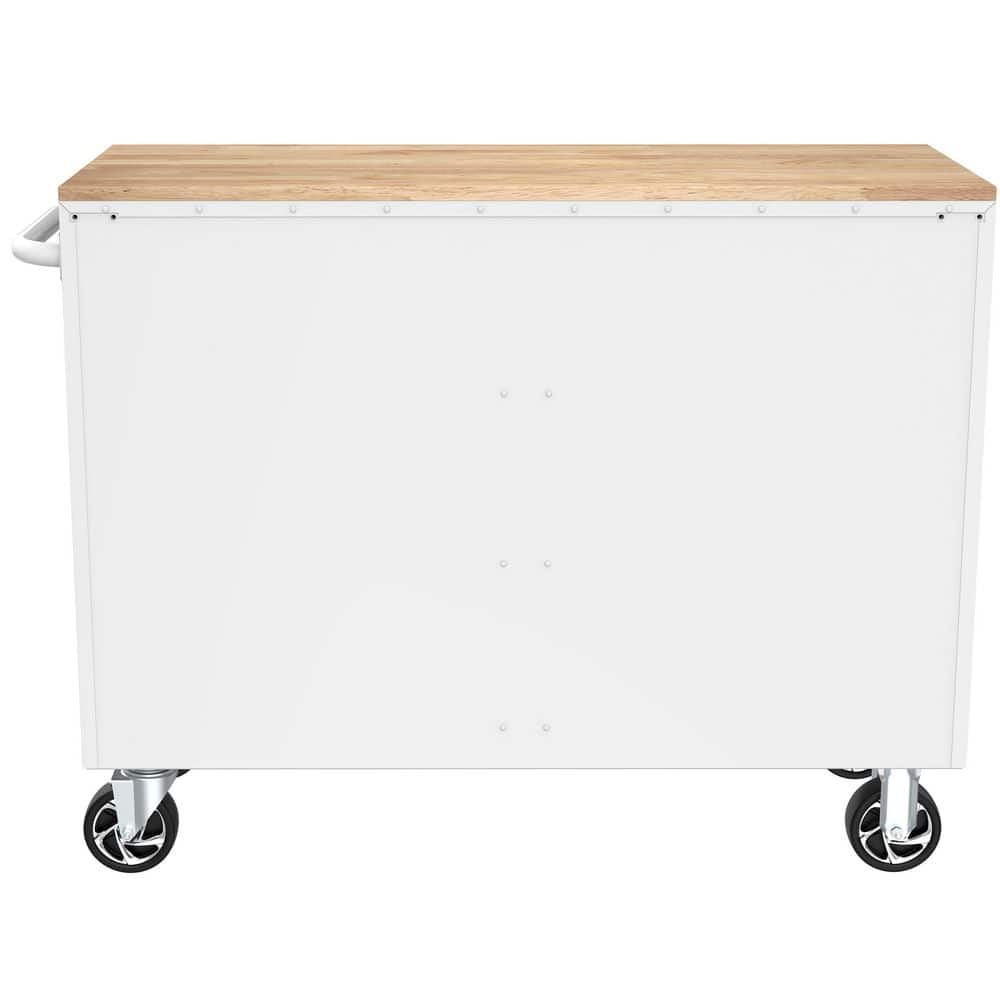 46 in. W x 18 in. D 9 Drawer Gloss White Mobile Workbench Cabinet with Solid Wood Top