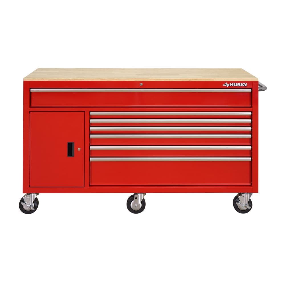 61 in. W x 22 1 in. D Standard Duty 7 Drawer 1 Door Mobile Workbench Tool Chest with Solid Wood Top in. Gloss Red
