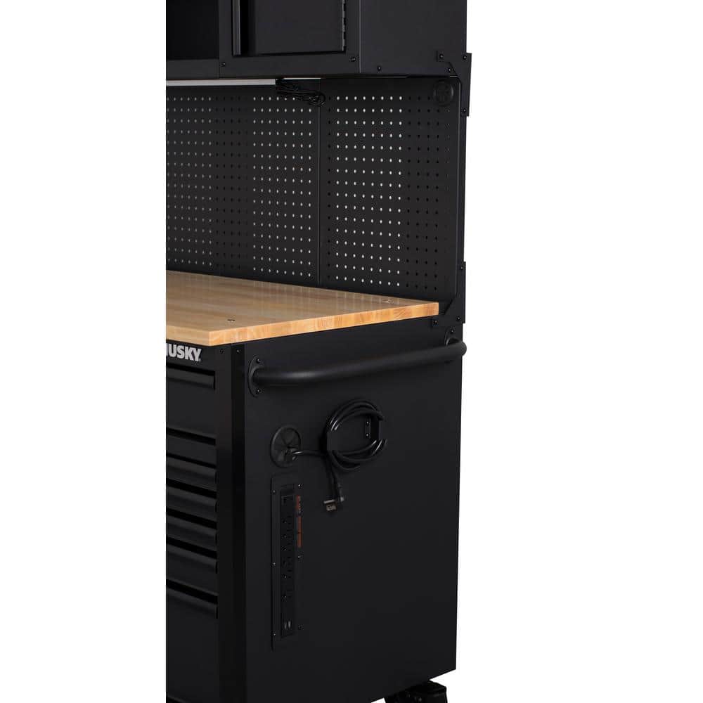 56 in. W x 27 6 in. D 10 Drawer Matte Black Heavy Duty Mobile Workbench with Pegboard and Top Cabinets