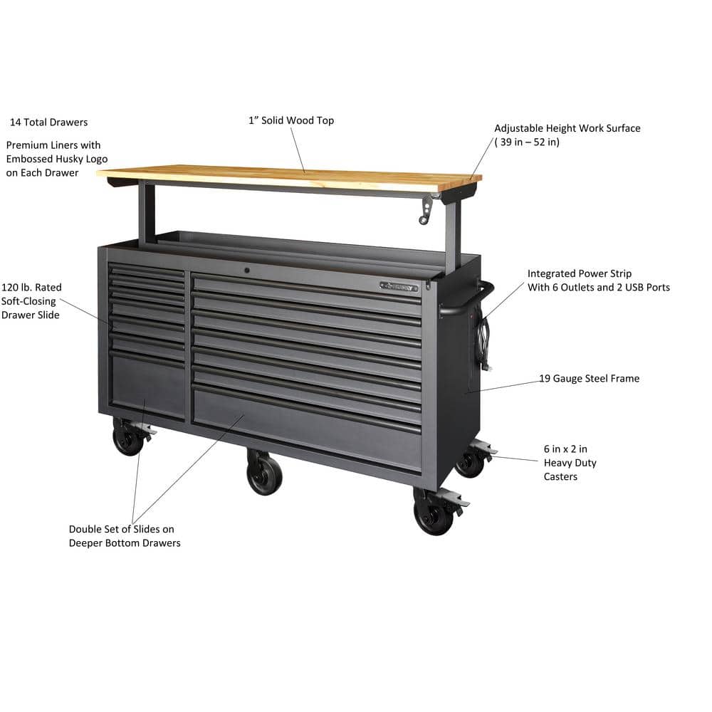 62 in. W x 24 in. D Heavy Duty 14 Drawer Mobile Workbench Cabinet with Adjustable Height Wood Top in. Matte Black