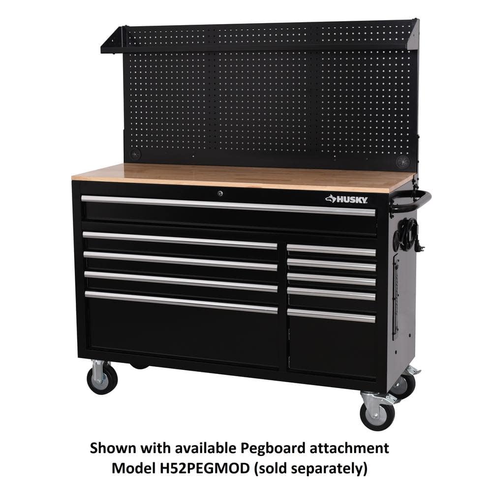 Modular 52 in. W 10 Drawer Black Mobile Workbench Cabinet with Solid Wood Top
