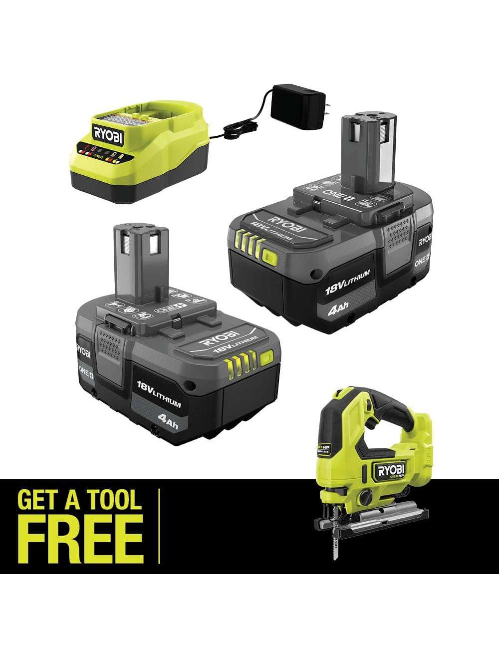 ONE+ 18V Lithium-Ion 4.0 Ah Compact Battery (2-Pack) and Charger Kit with FREE ONE+ HP Brushless Jig Saw