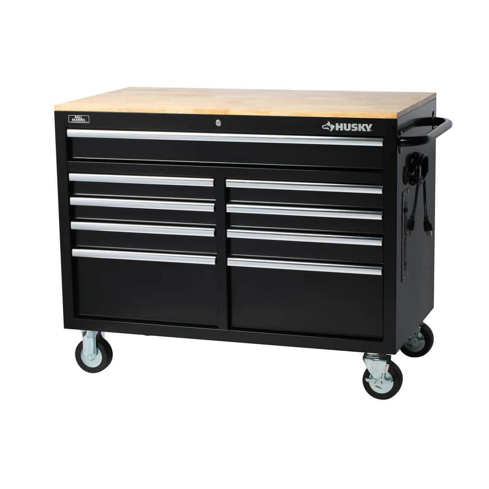 46 in. W x 24 5 in. D Standard Duty 9 Drawer Mobile Workbench Cabinet with Solid Wood Top in. Gloss Black