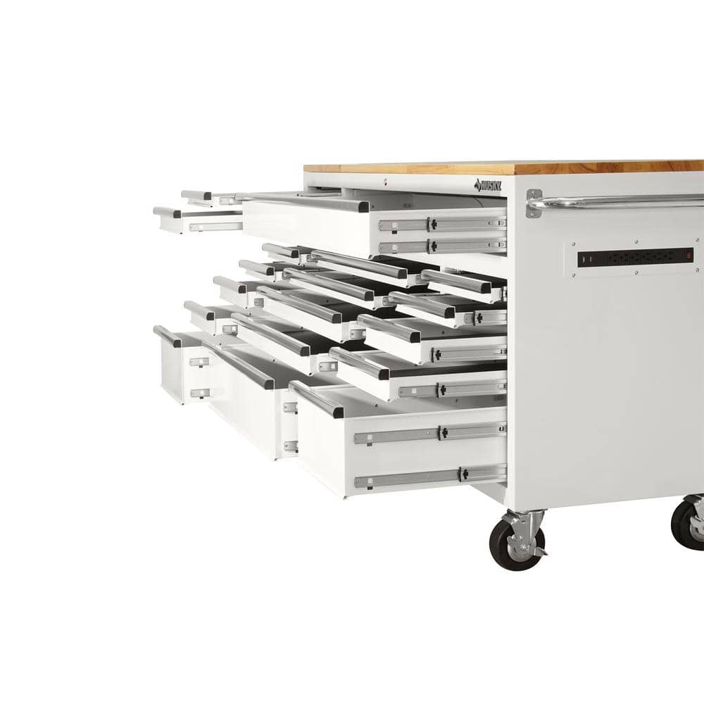 72 in. W x 24 in. D 18 Drawer Standard Duty Mobile Workbench Tool Chest with Solid Wood Top and Pegboard in. Gloss White