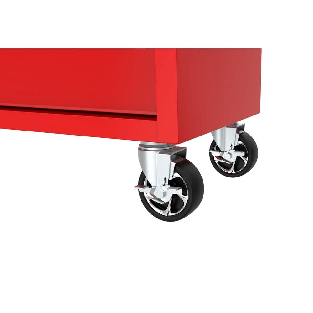 46 in. W x 18 in. D 9 Drawer Gloss Red Mobile Workbench Cabinet with Solid Wood Top