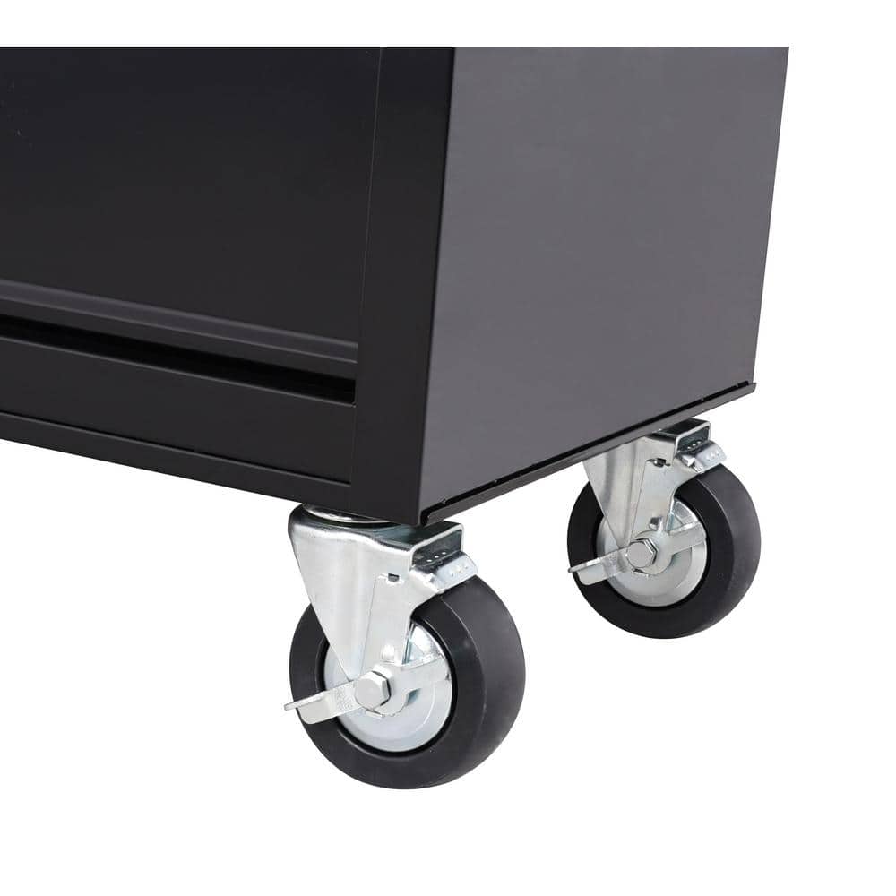 42 in. W x 18 1 in. D 8 Drawer Black Mobile Workbench Cabinet with Solid Wood Top
