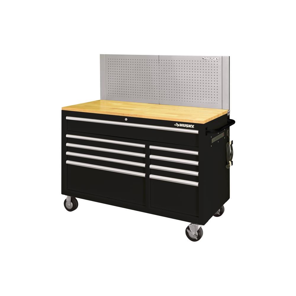 52 in. W x 24 5 in. D 9 Drawer Standard Duty Mobile Workbench Tool Chest with Solid Work Top and Pegboard in. Gloss Black